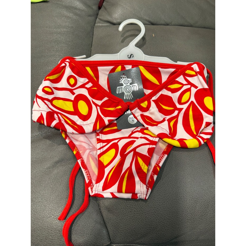New Red Yellow Abstract Leaf Print Side Tie Bikini ‎ set Small Tropical Swim
